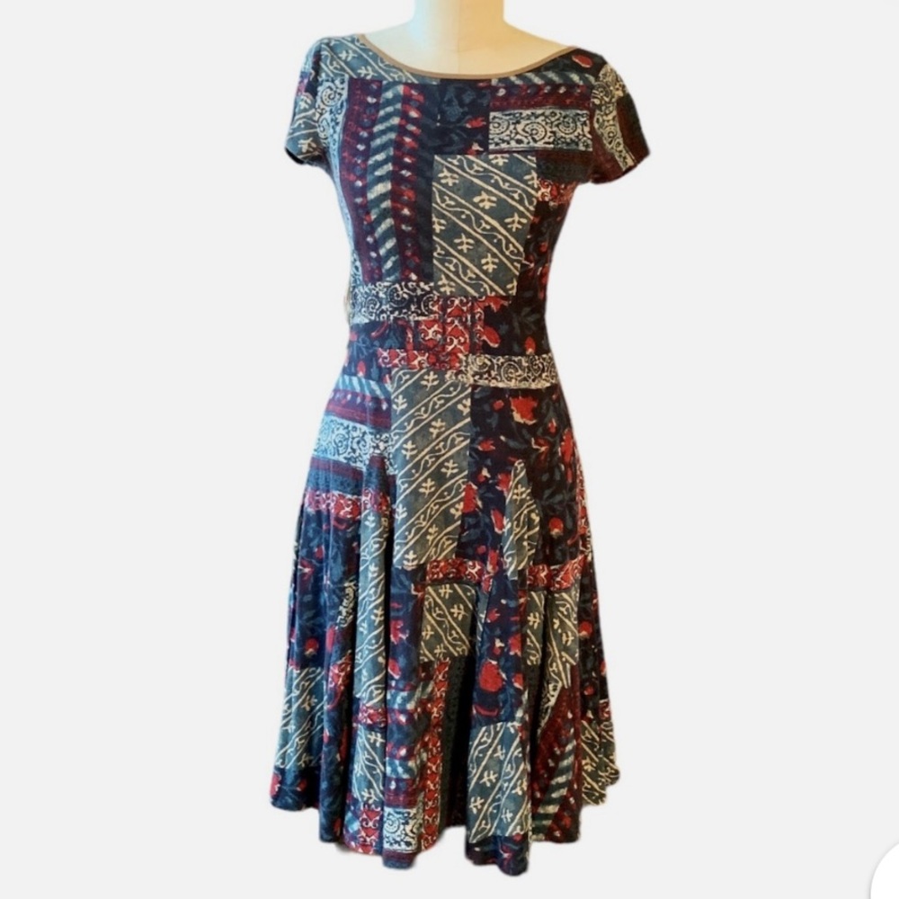 Lauren Ralph Lauren Paisley Patchwork Faux Suede Trim Dress & Waist Cord M EUC